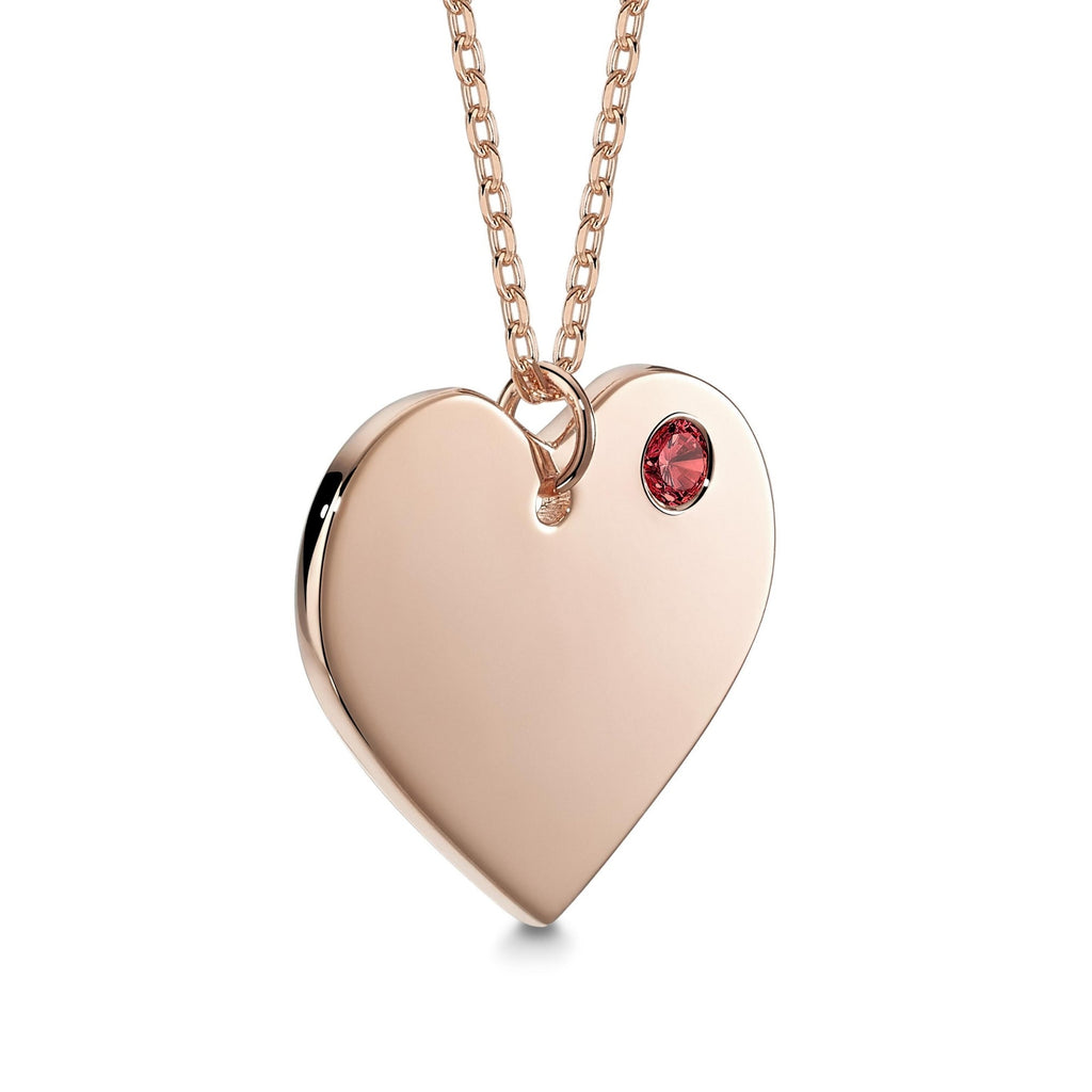 Rose gold heart pendant necklace with a red simulated January birthstone