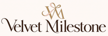 Velvet Milestone — champagne gold monogram and espresso wordmark